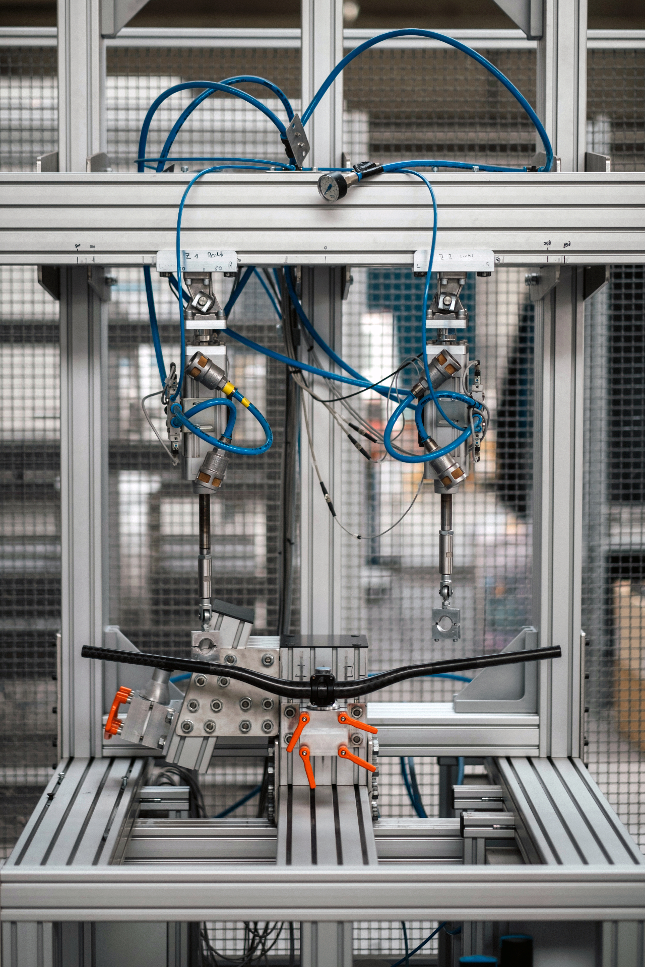 Bicycle handlebar and frame testing equipment in a Saxony factory